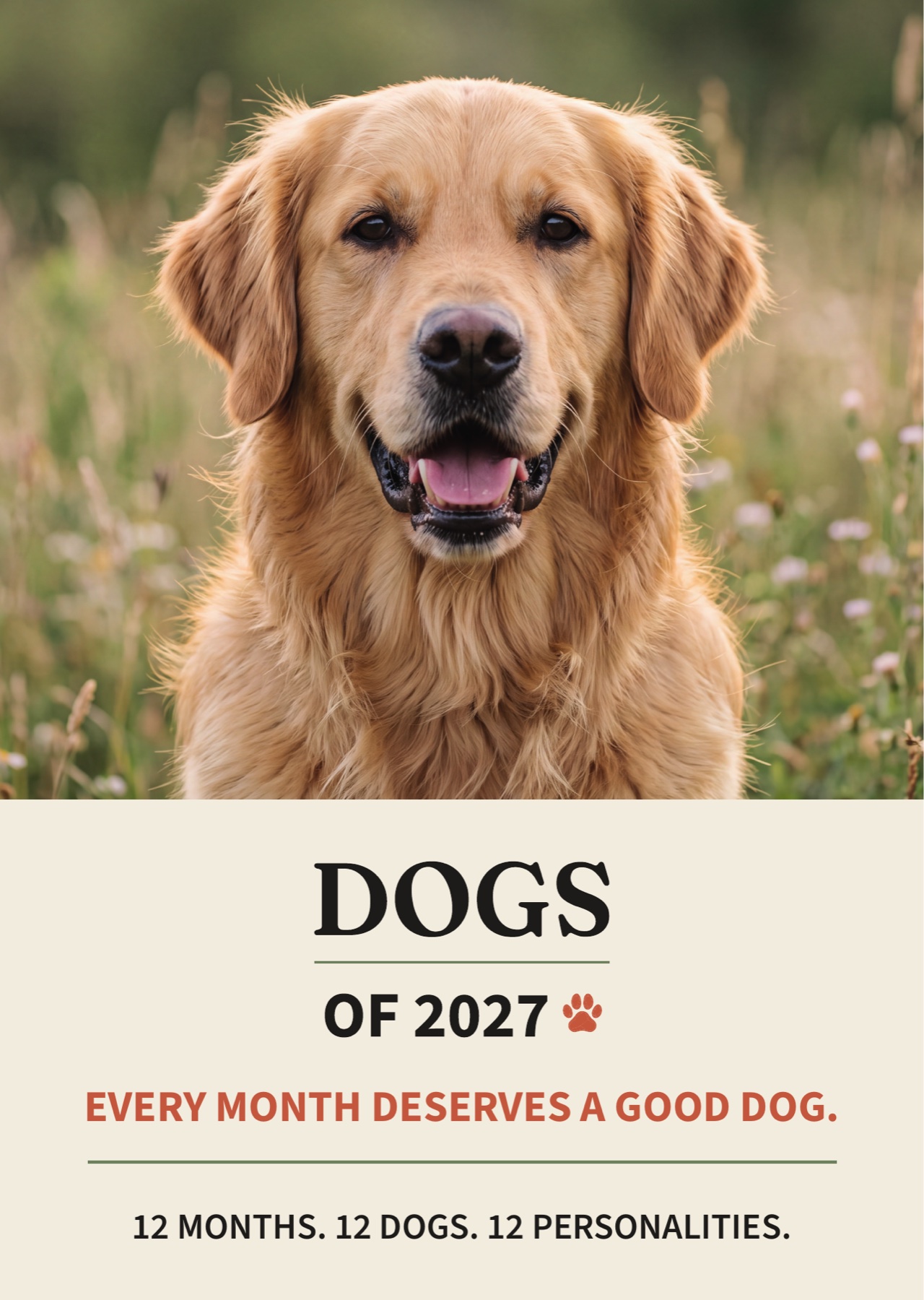 Titelseite des DOGS OF 2027 Wandkalenders mit Golden Retriever