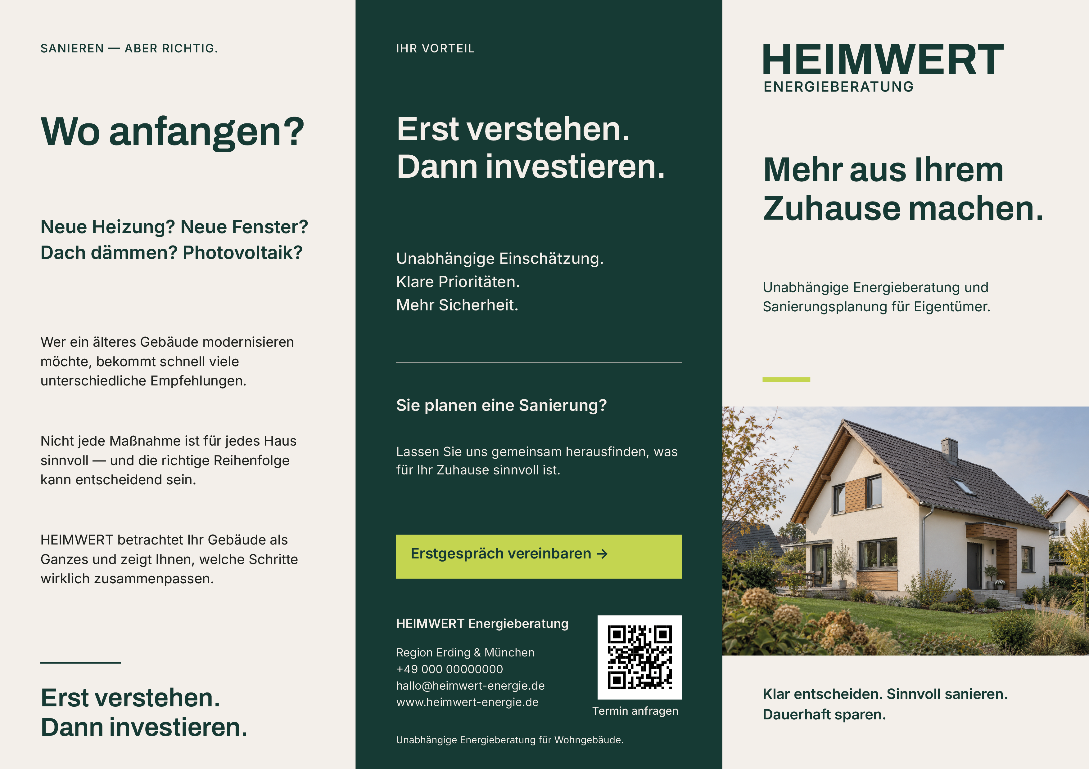 Außenseite: Einstieg links, Kontakt und Vorteile in der Mitte, Titelseite rechts