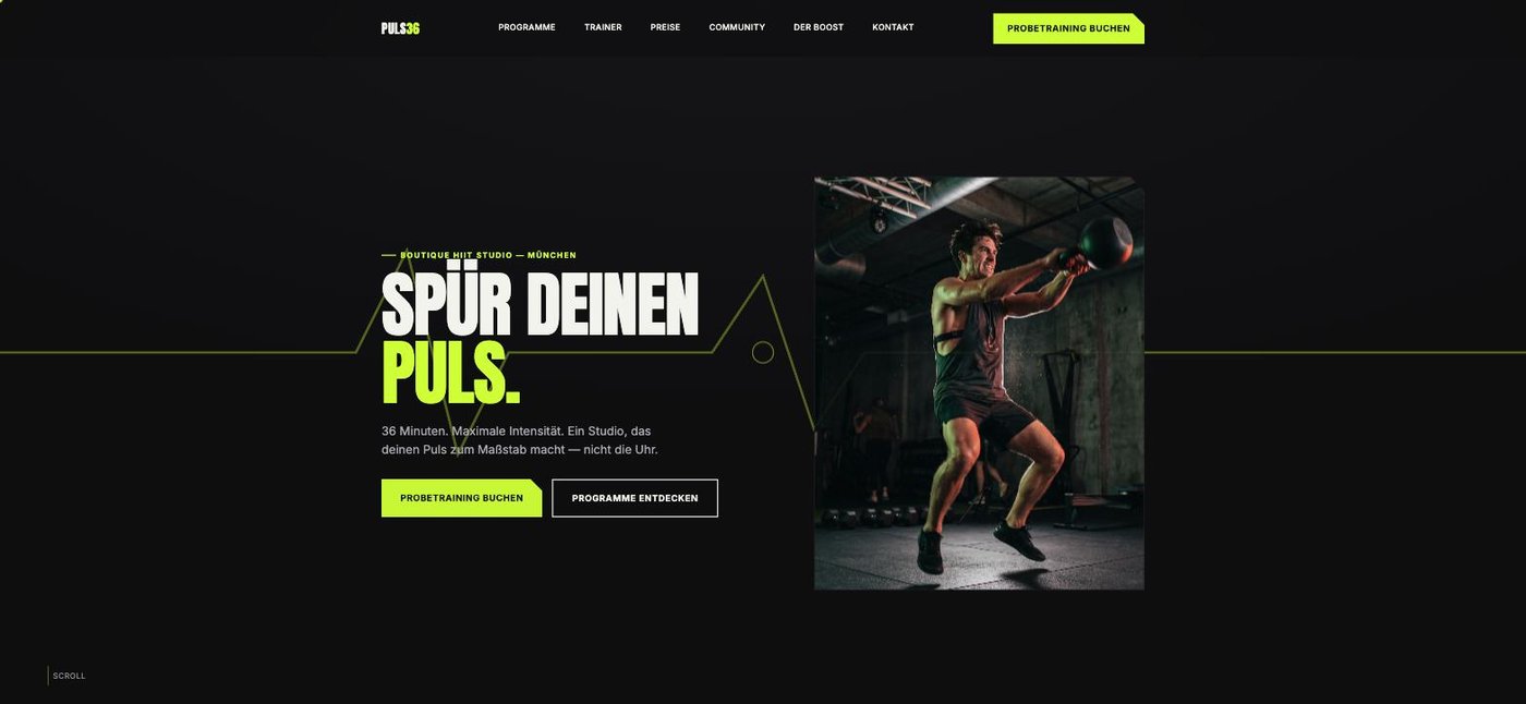 Startseite von PULS36 mit Puls-Linien-Motiv und Hero-Bild eines Athleten beim HIIT-Training