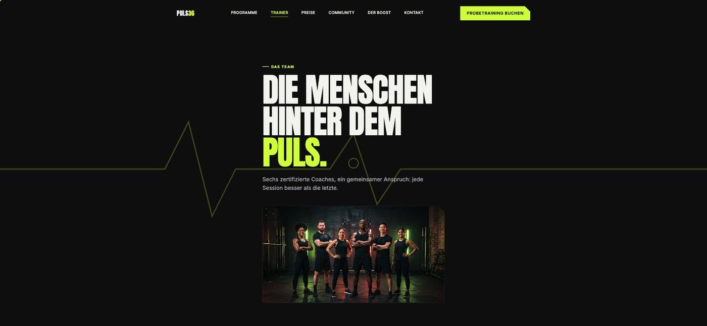 Trainer-Seite von PULS36 mit Teamfoto der Coaches