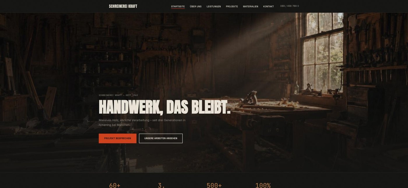 Startseite der Schreinerei Kraft mit Werkstatt-Hero-Bild und Slogan „Handwerk, das bleibt“