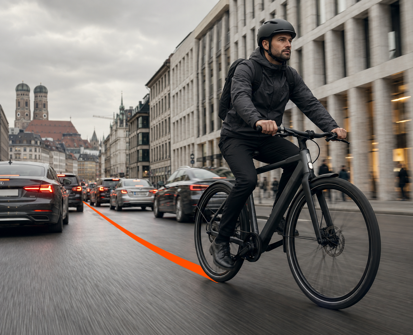 Ein Pendler fährt mit dem NORDRAD ONE am Münchner Autoverkehr vorbei